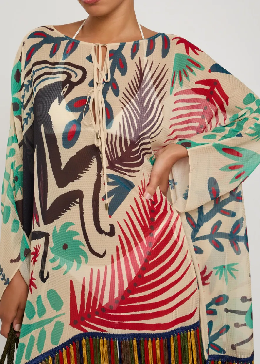 Printed fringed sheer seersucker cover-up