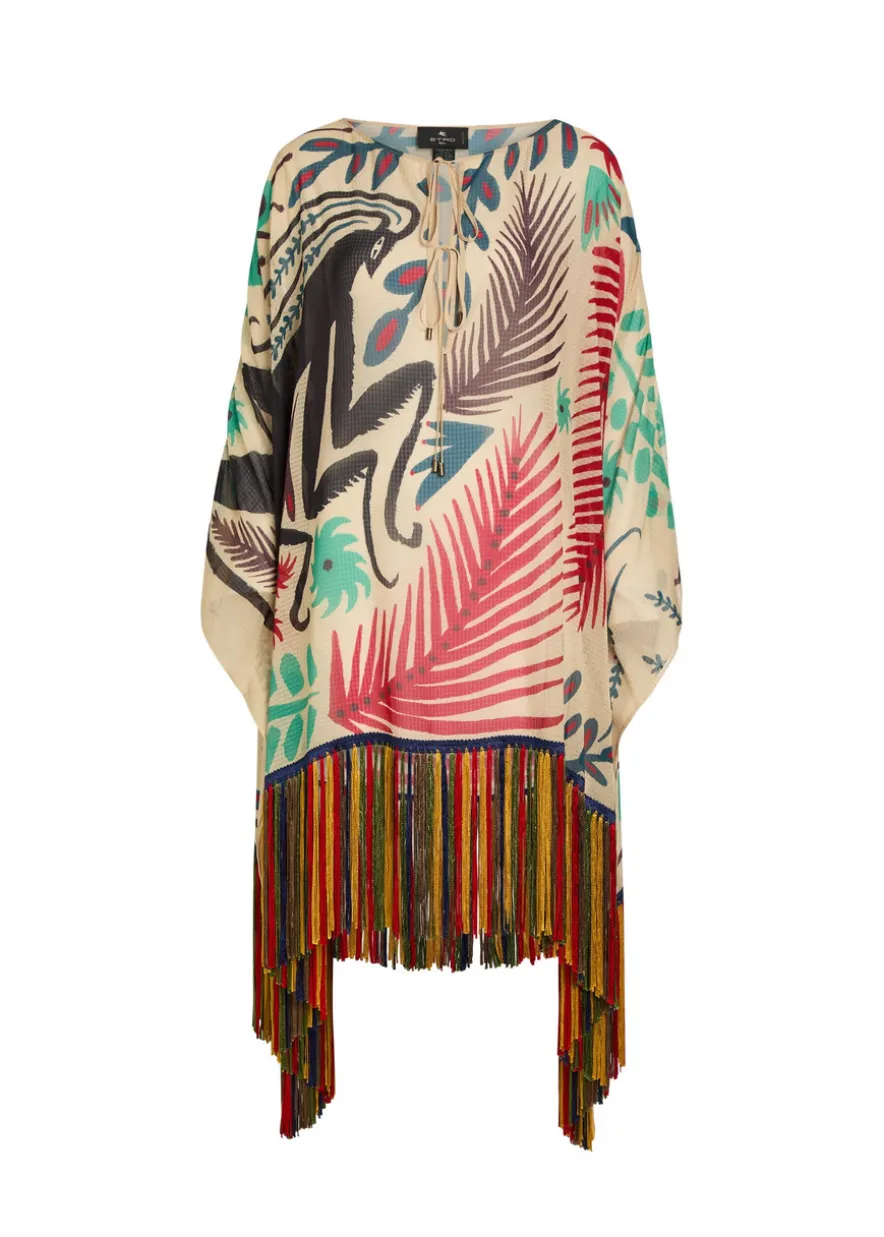 Printed fringed sheer seersucker cover-up