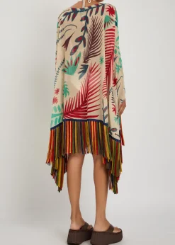Printed fringed sheer seersucker cover-up