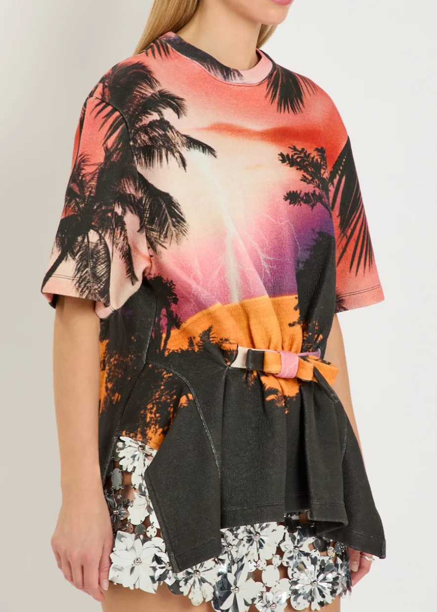 Printed gathered linen and cotton-blend T-shirt