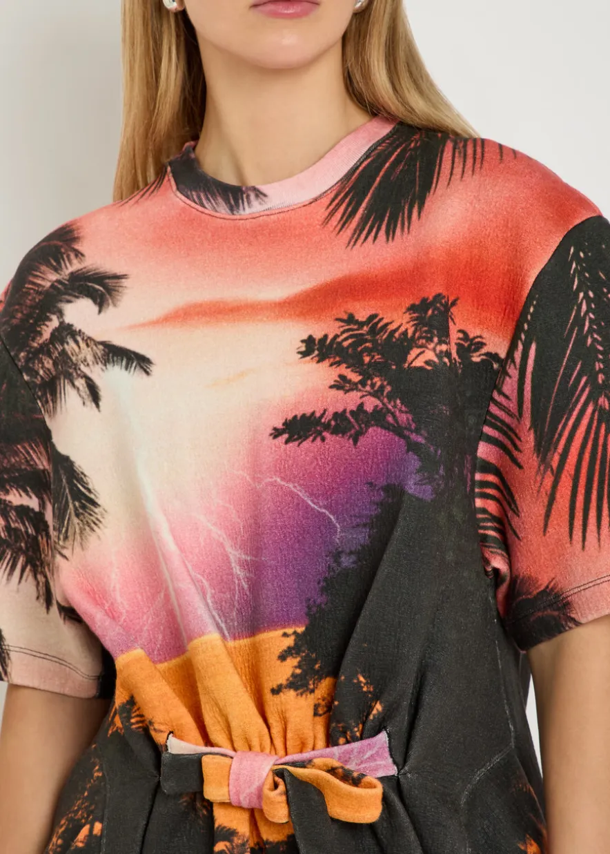 Printed gathered linen and cotton-blend T-shirt