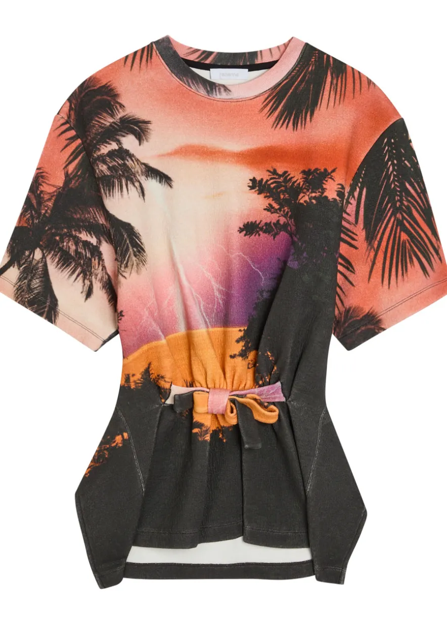 Printed gathered linen and cotton-blend T-shirt