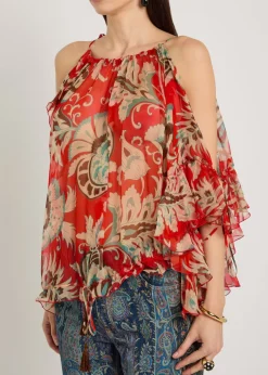 Printed ruffled silk-chiffon top
