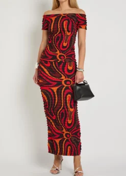 Printed seersucker midi skirt