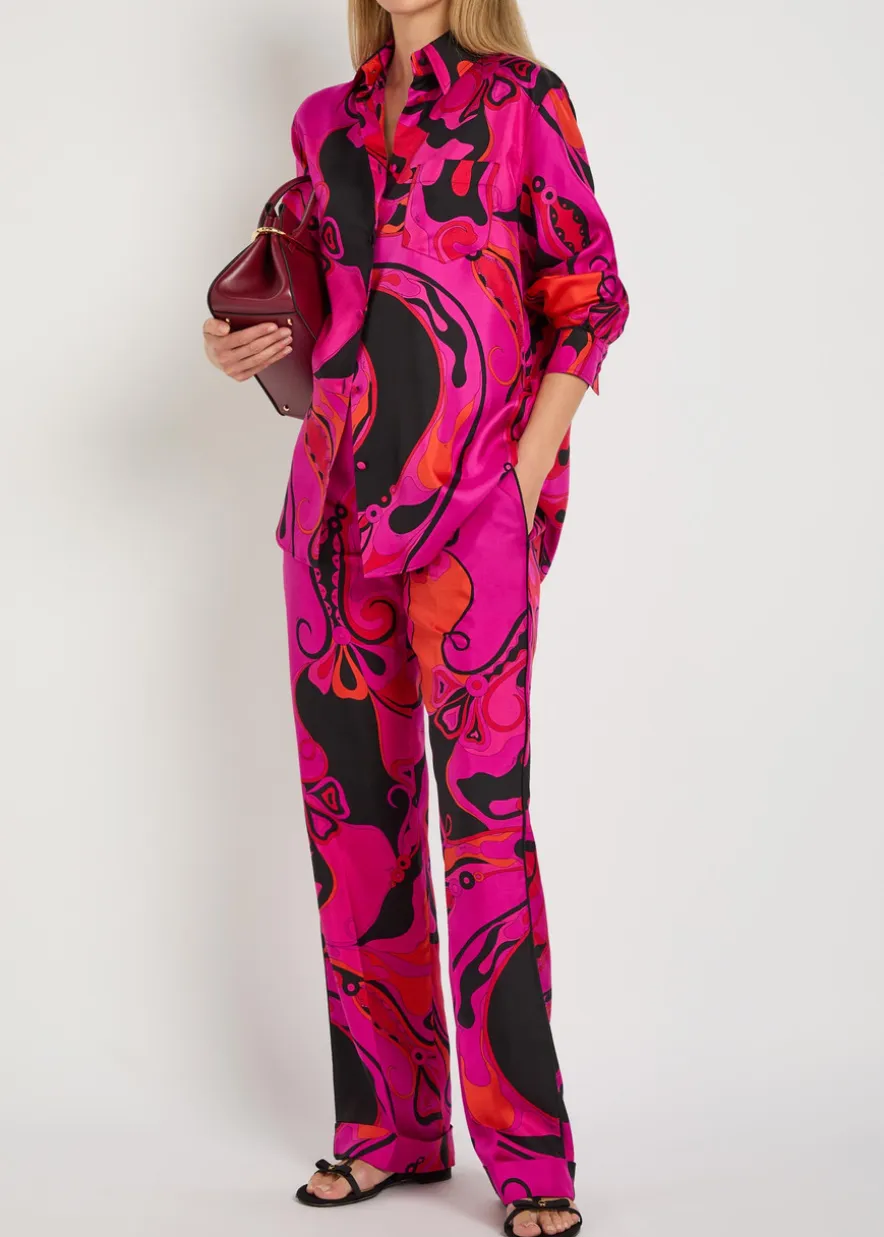 Printed straight-leg silk trousers