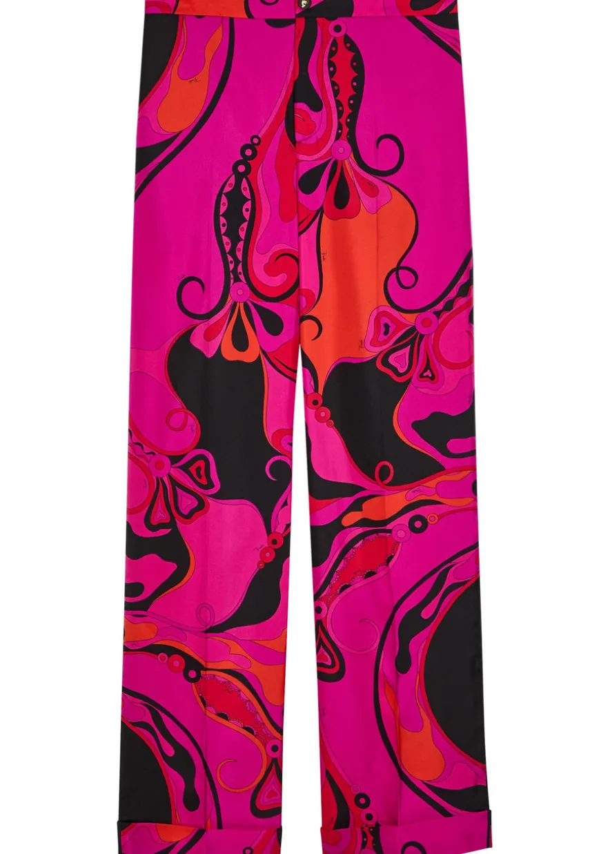 Printed straight-leg silk trousers