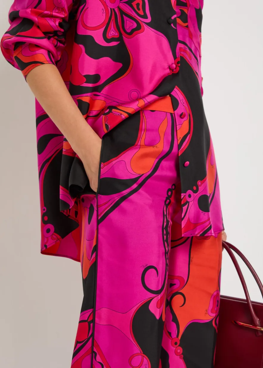 Printed straight-leg silk trousers
