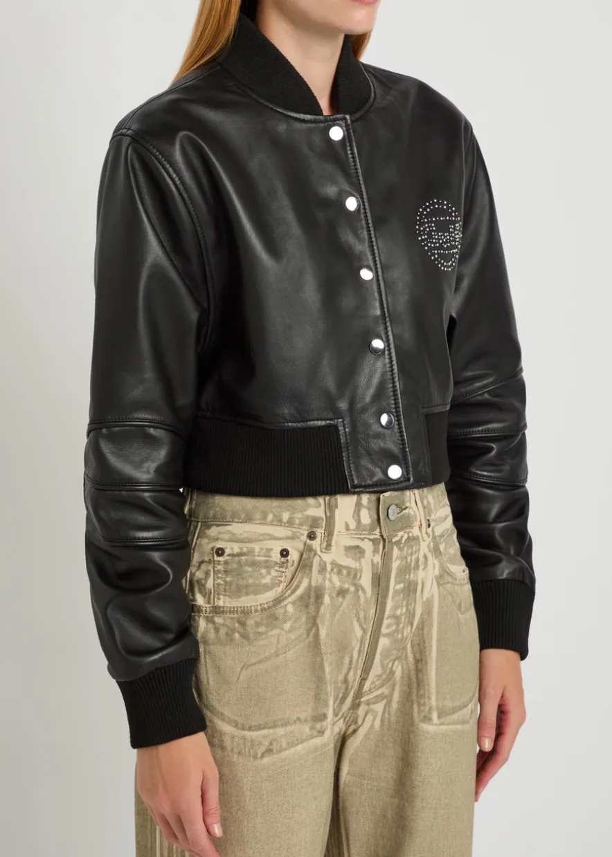Queen stud-embellished leather cropped bomber jacket