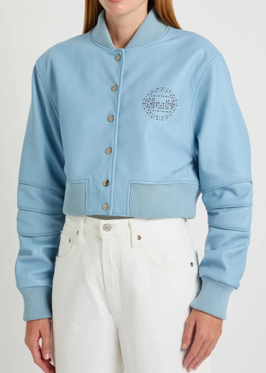 Queen stud-embellished leather cropped bomber jacket