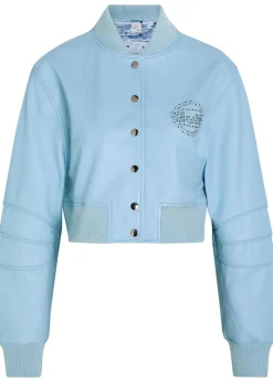 Queen stud-embellished leather cropped bomber jacket