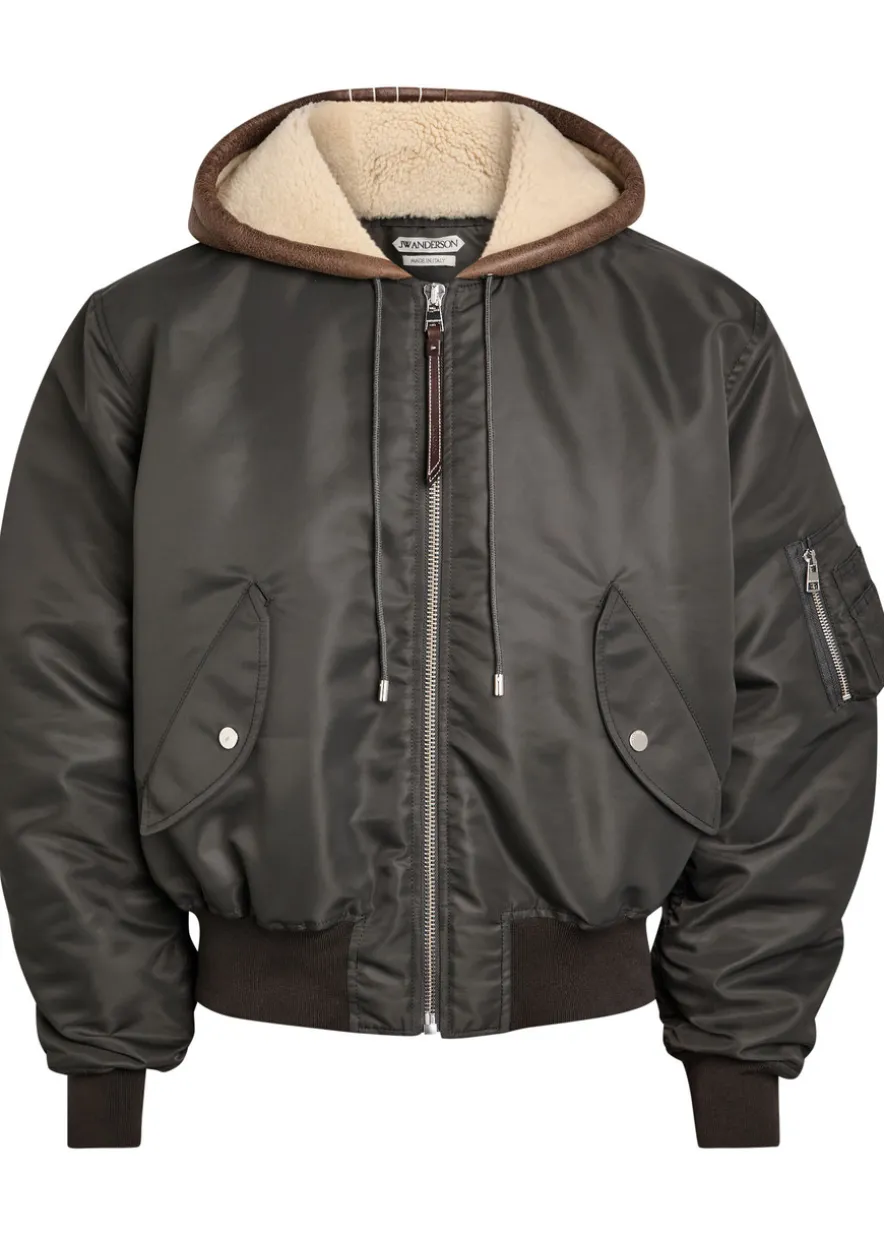 Quilted hooded nylon bomber jacket
