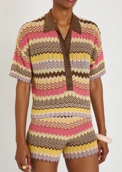 Raya chevron pointelle metallic-knit polo top