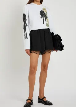 Ribbon rosette printed long-sleeve cotton T-shirt