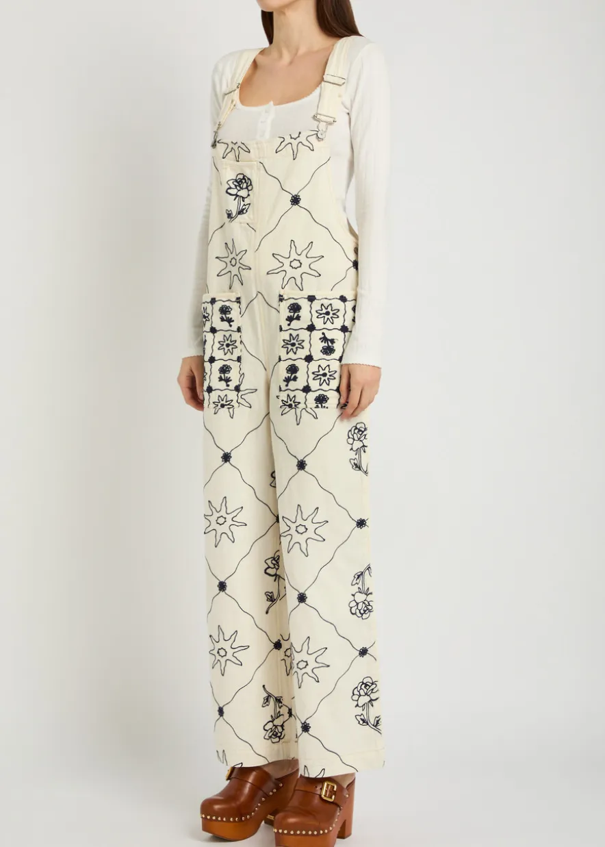 Rising Sun embroidered denim overalls