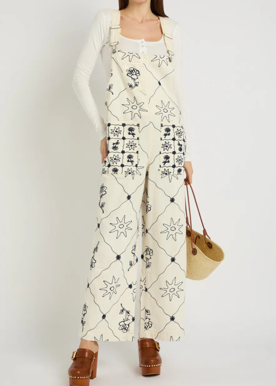 Rising Sun embroidered denim overalls
