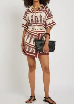 Roots printed linen mini wrap skirt