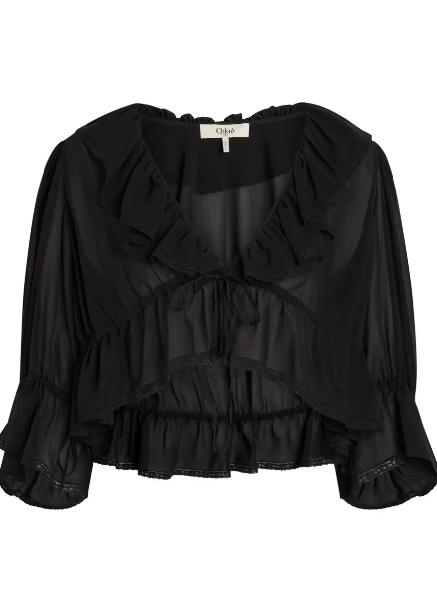 Ruffled cropped silk-chiffon top