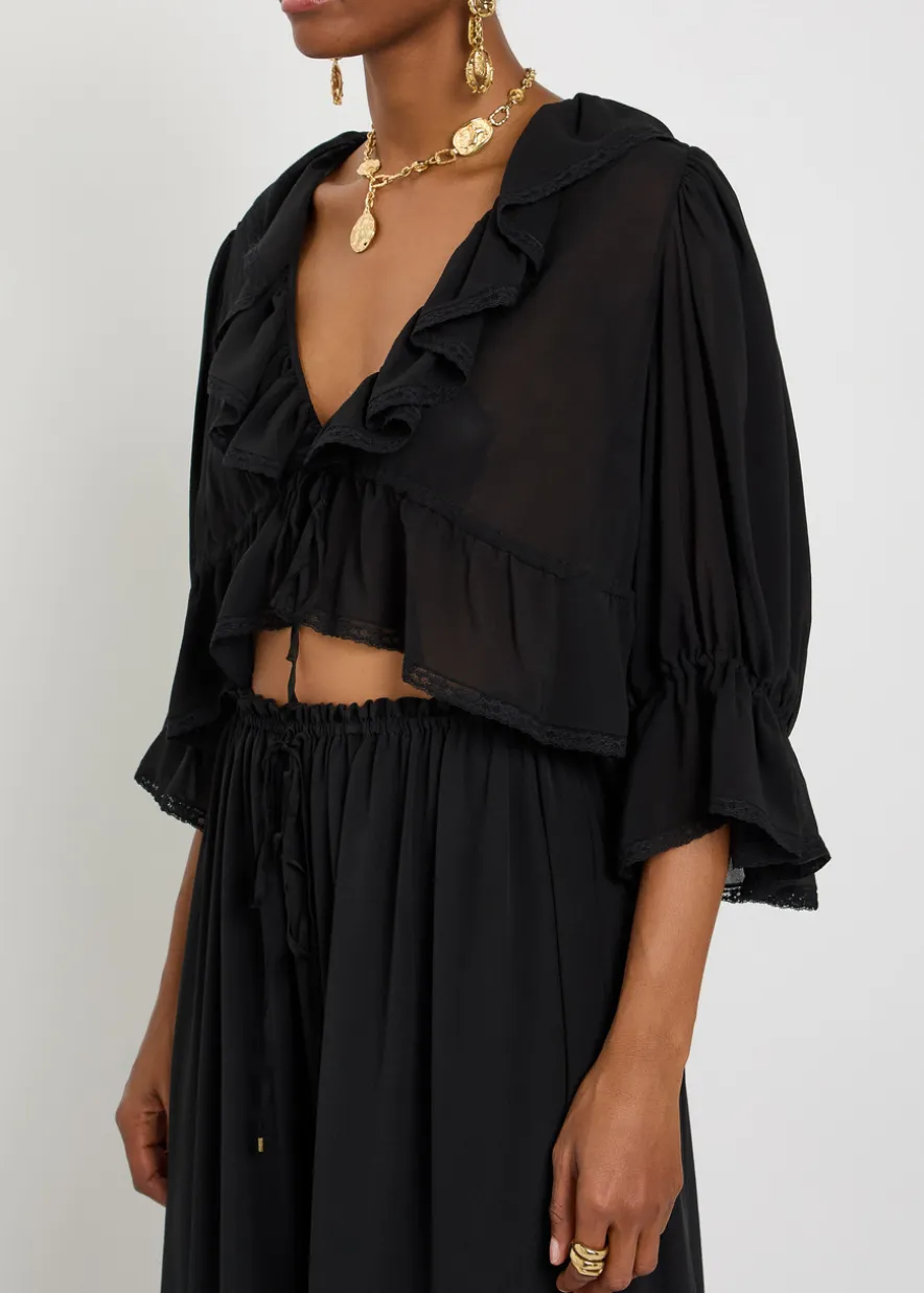 Ruffled cropped silk-chiffon top