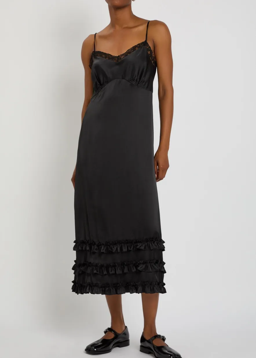 Ruffled lace-trim satin midi slip dress