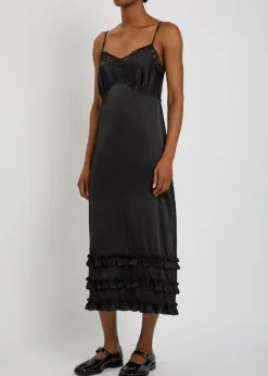 Ruffled lace-trim satin midi slip dress