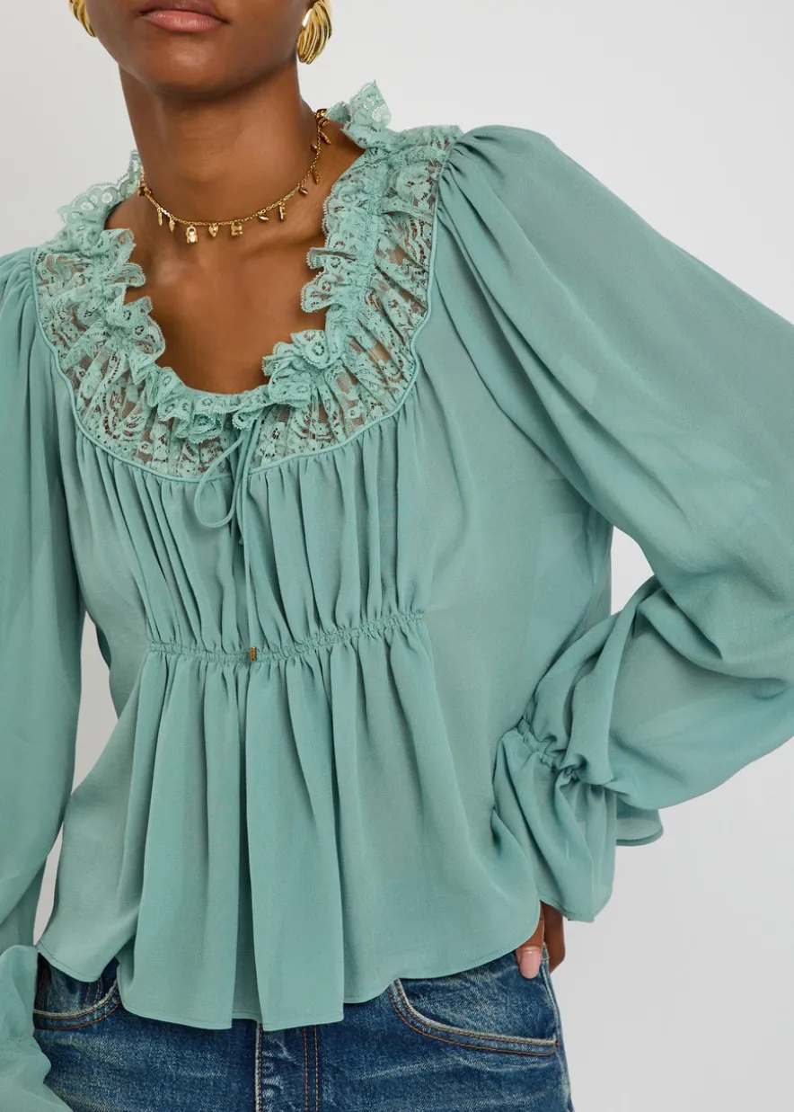 Ruffled lace-trim silk blouse