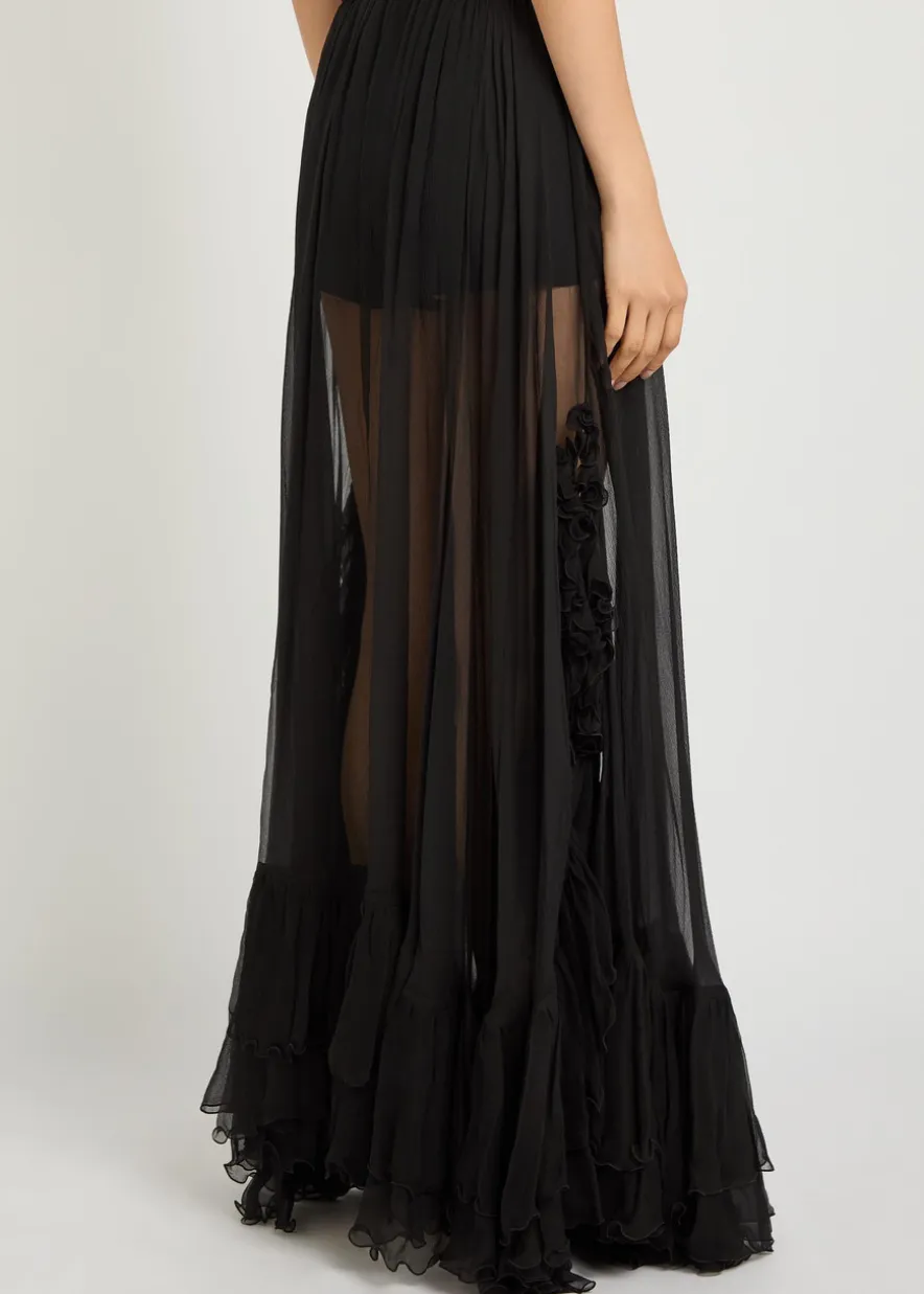 Ruffled sheer silk-chiffon maxi skirt