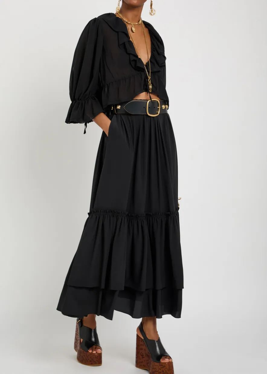 Ruffled tiered silk-chiffon midi skirt