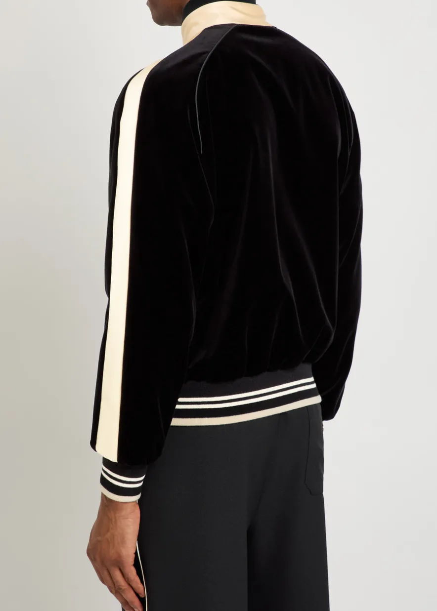 Satin-trim velvet bomber jacket