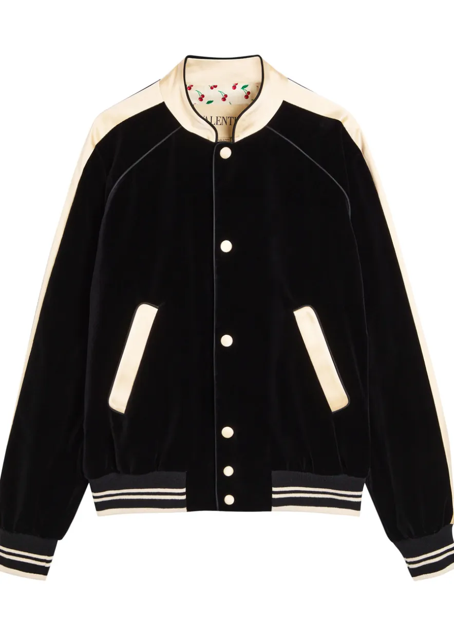 Satin-trim velvet bomber jacket