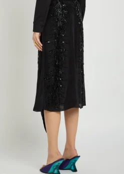 Scarf bead embellished satin midi skirt