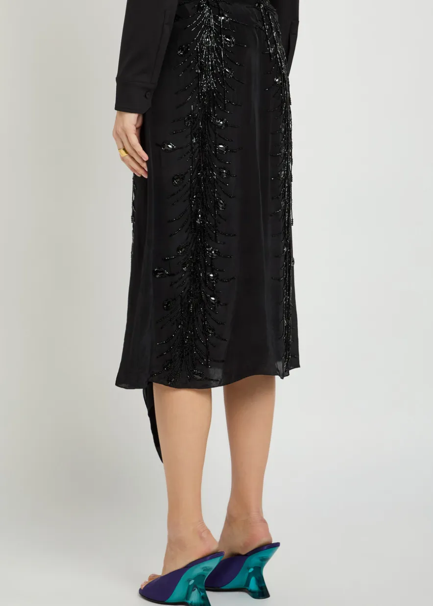 Scarf bead embellished satin midi skirt