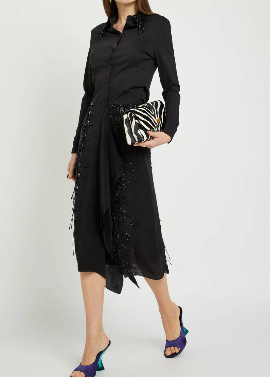 Scarf bead embellished satin midi skirt