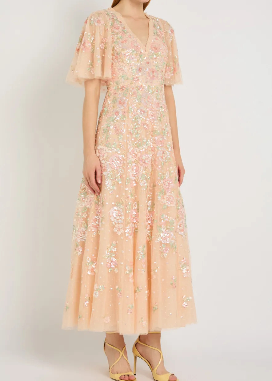 Sequin Bouquet embellished cape-effect tulle gown