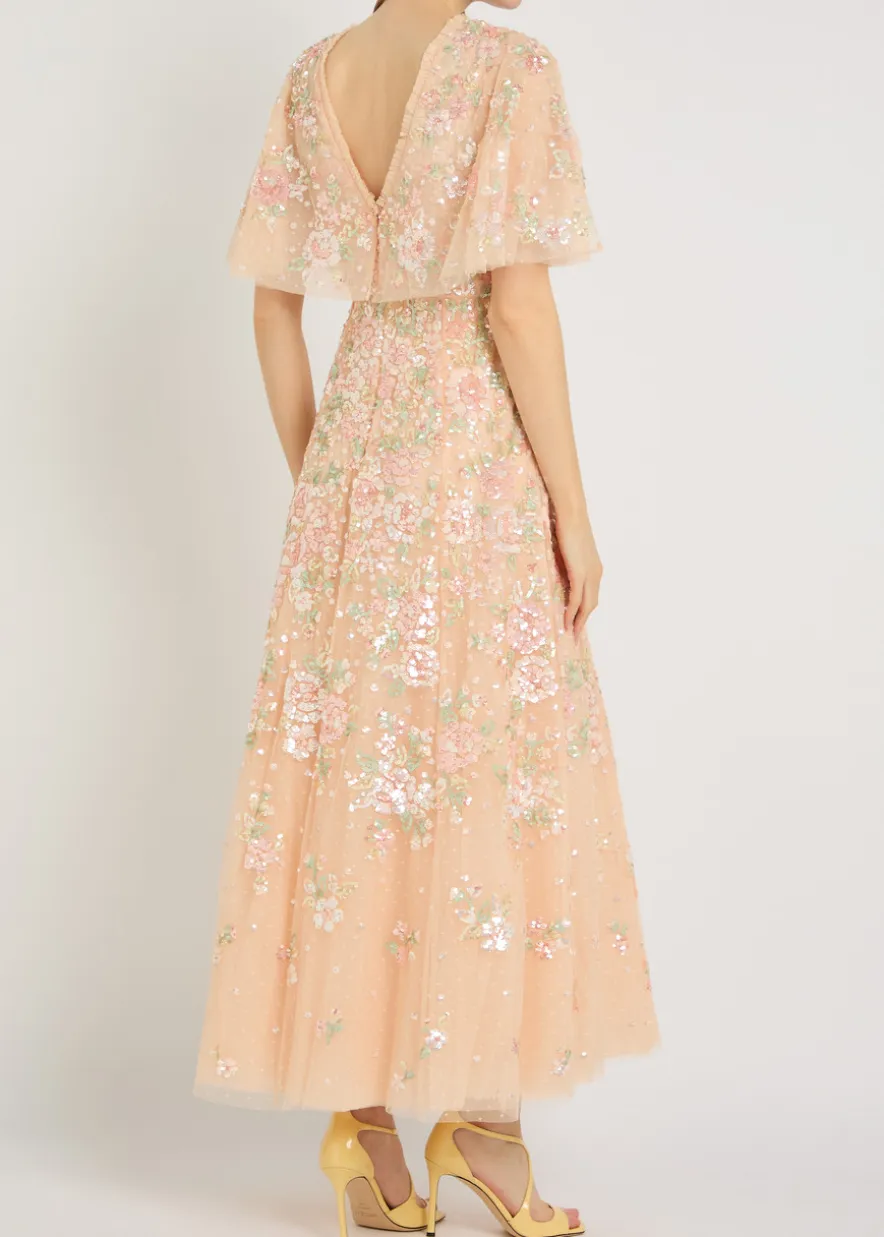 Sequin Bouquet embellished cape-effect tulle gown