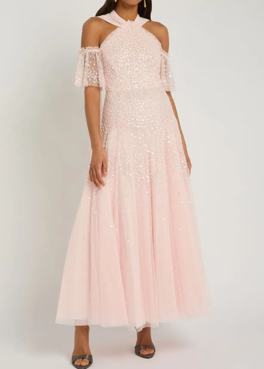 Sequin-embellished halterneck tulle gown