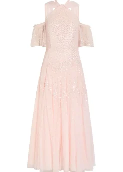 Sequin-embellished halterneck tulle gown