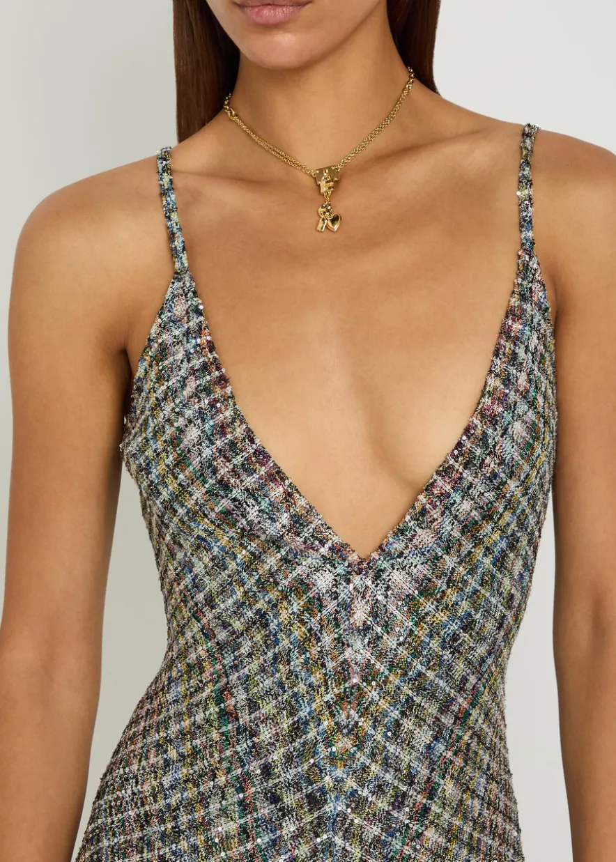Sequin-embellished metallic-knit gown