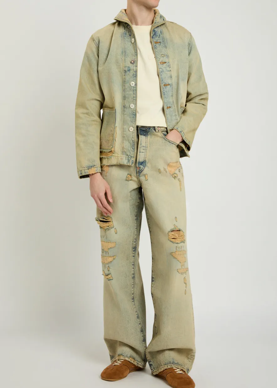 Shawl-collar distressed denim jacket