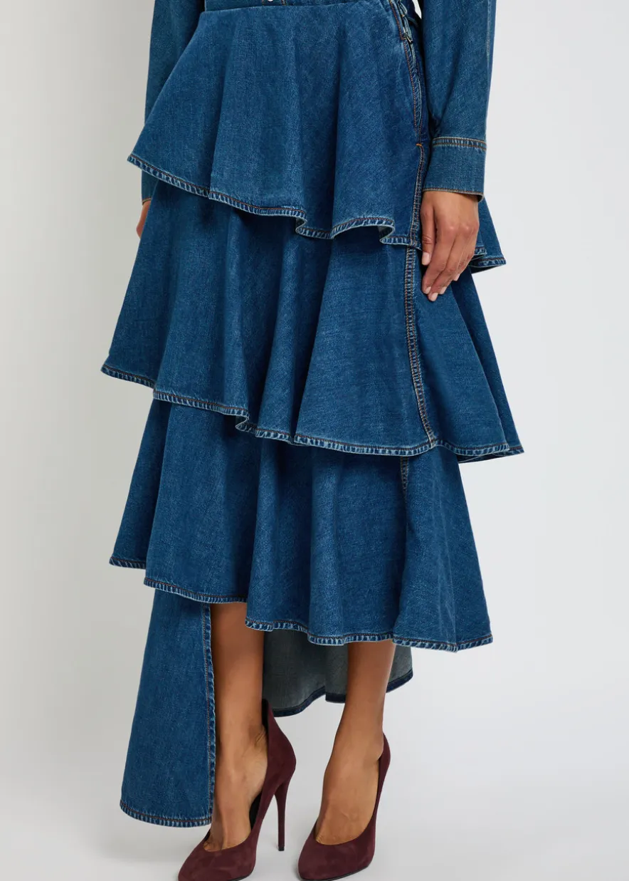 Spiral asymmetric tiered denim midi skirt