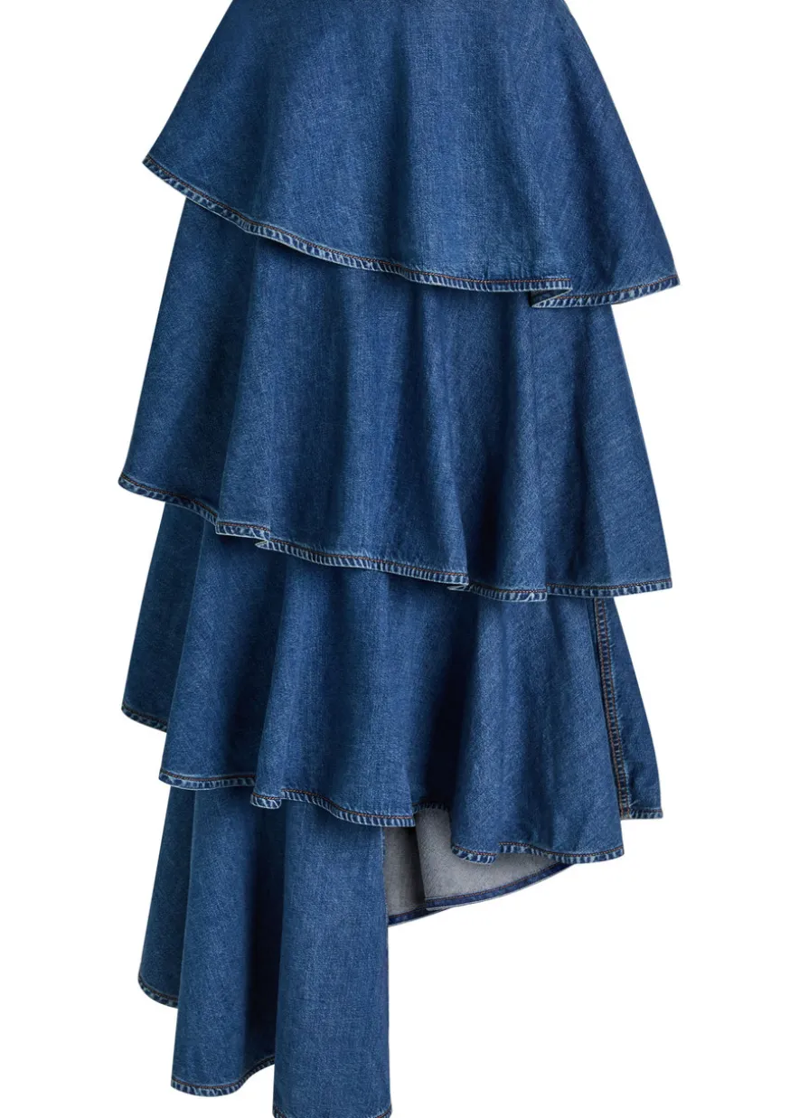 Spiral asymmetric tiered denim midi skirt