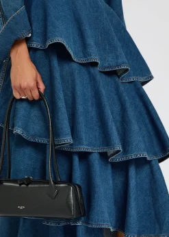 Spiral asymmetric tiered denim midi skirt