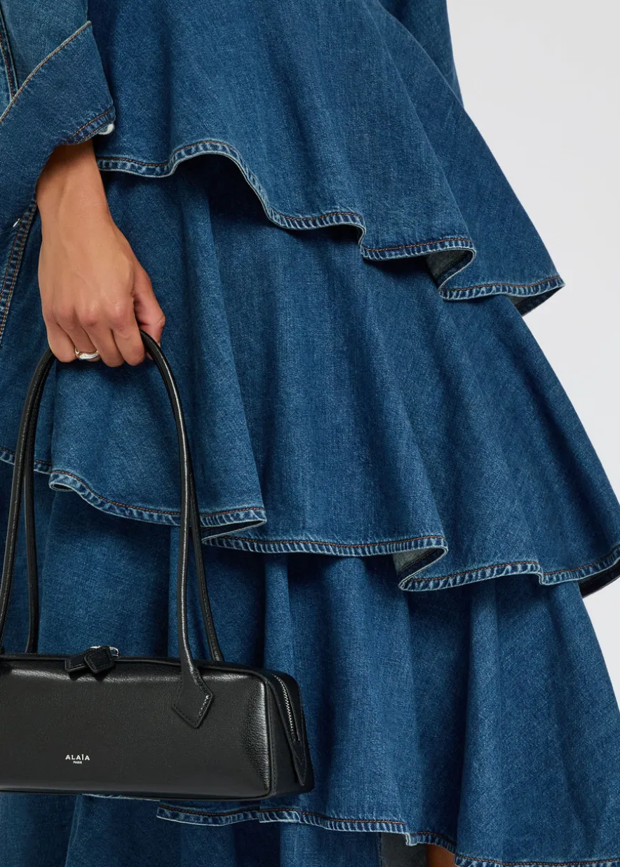 Spiral asymmetric tiered denim midi skirt