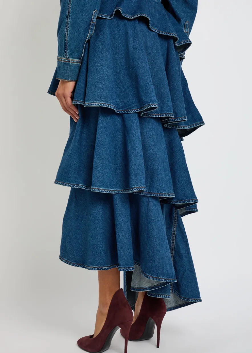 Spiral asymmetric tiered denim midi skirt
