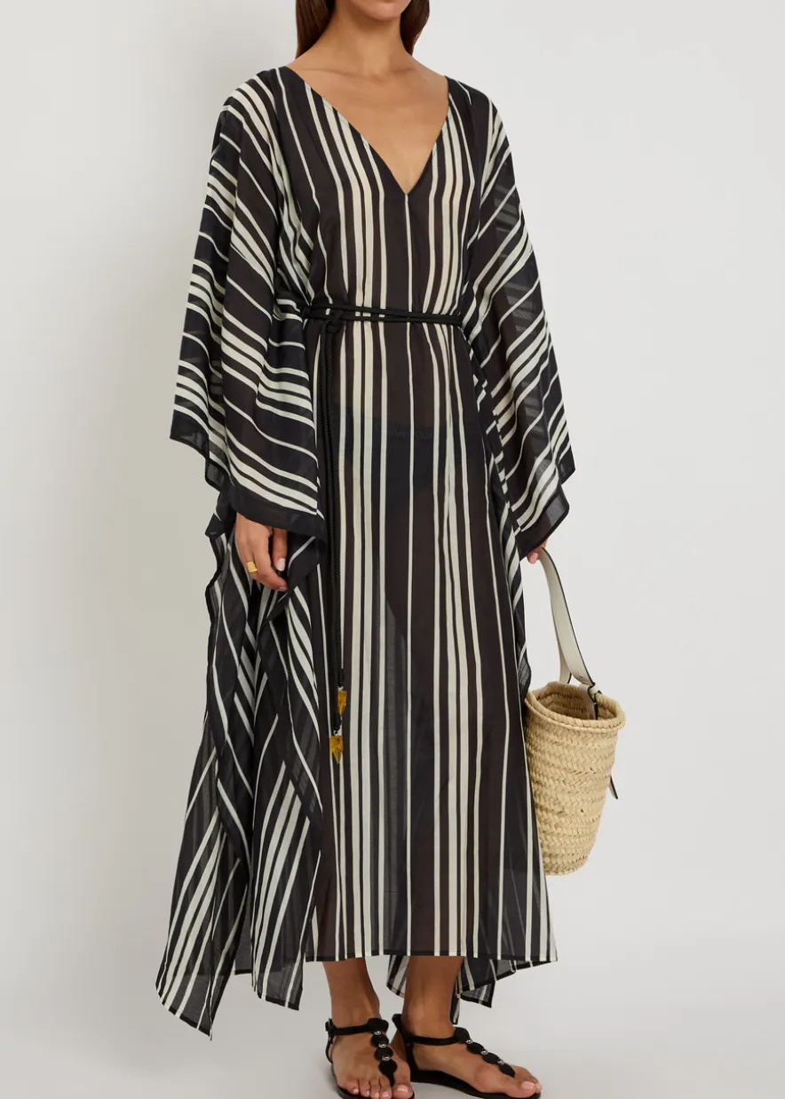 Striped belted cotton-blend kaftan dress