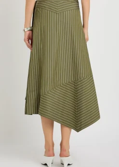 Striped cotton-poplin wrap midi skirt
