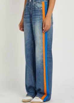 Striped denim-print cotton track pants