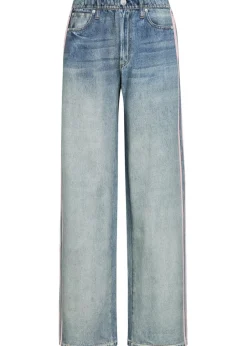 Striped denim-print cotton track pants
