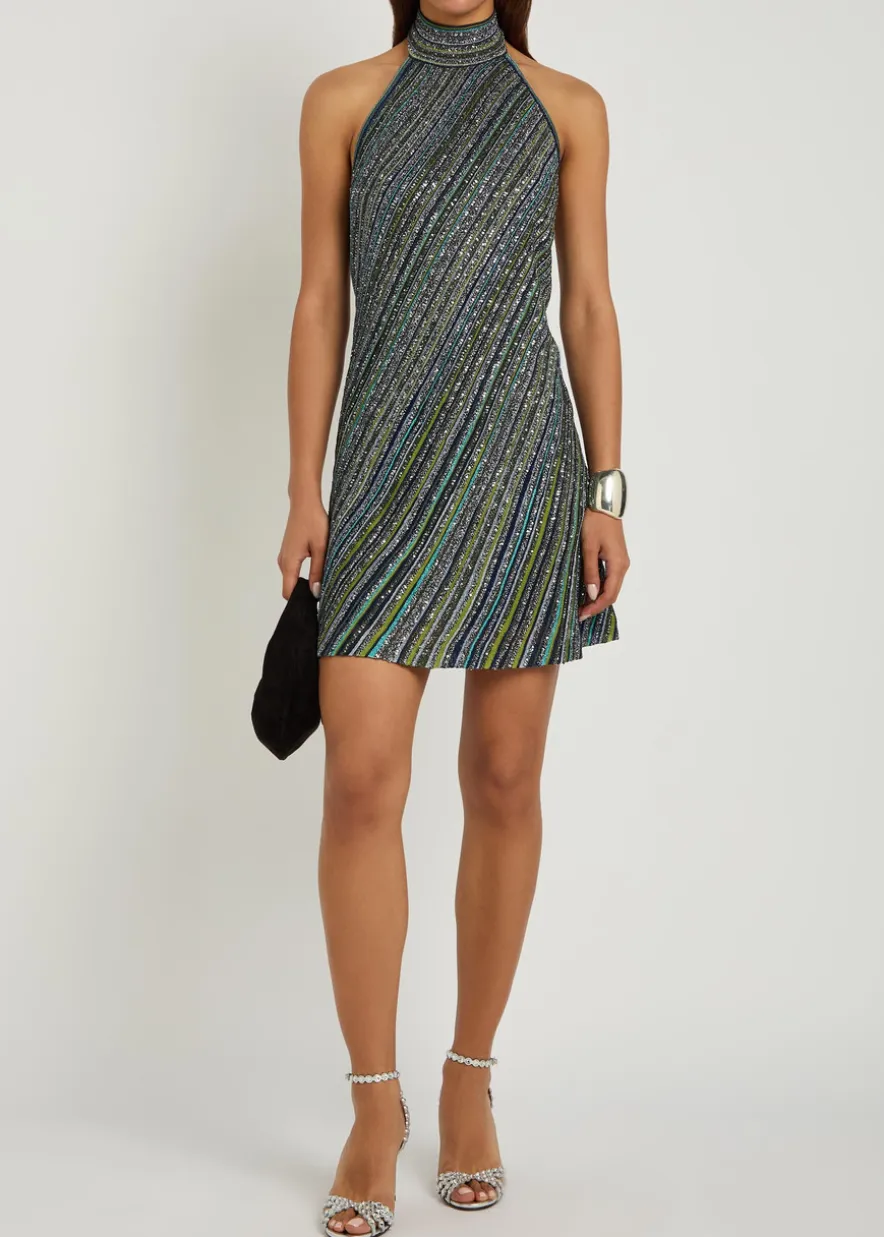 Striped embellished metallic-knit mini dress