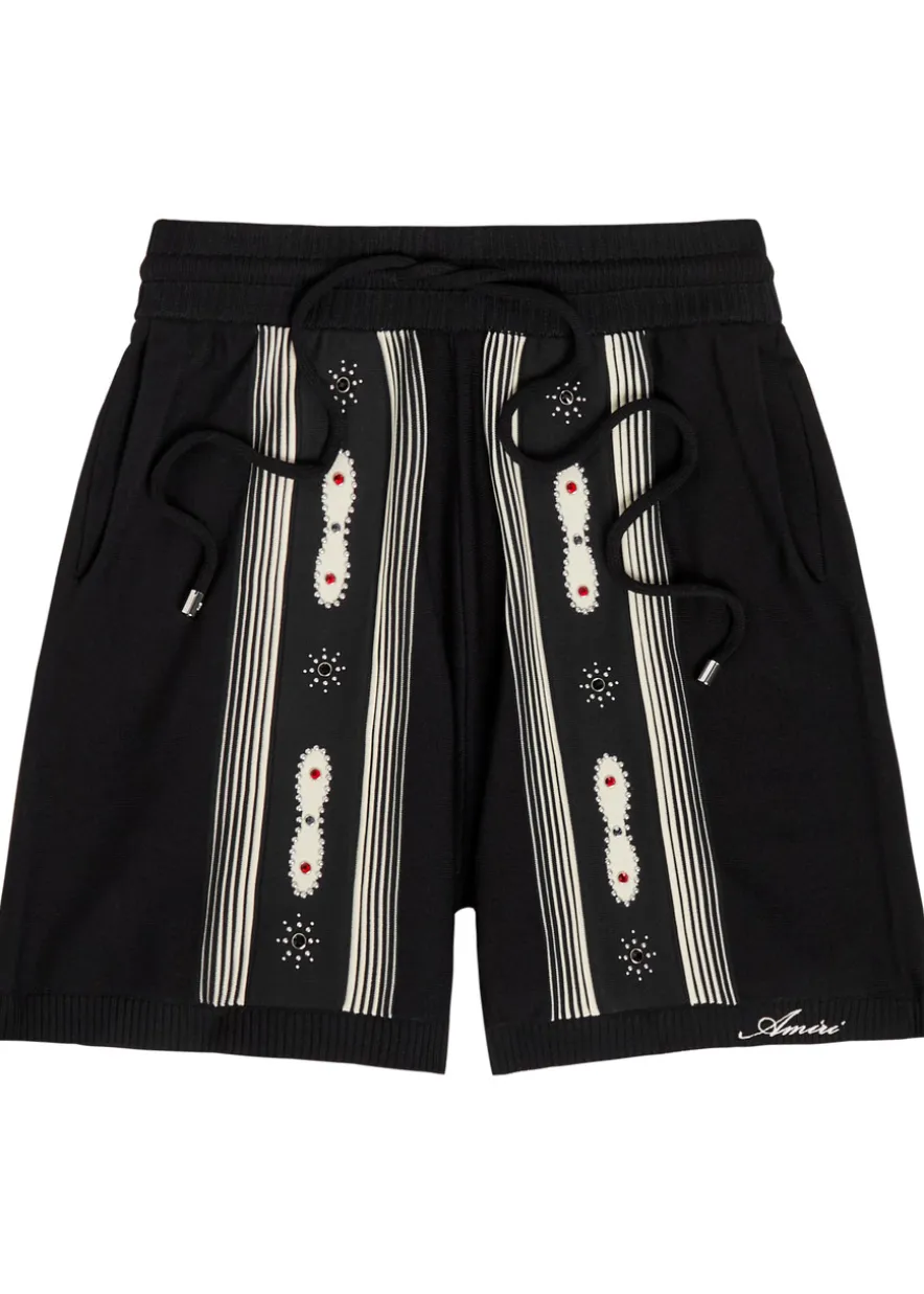 Striped embellished wool-blend shorts