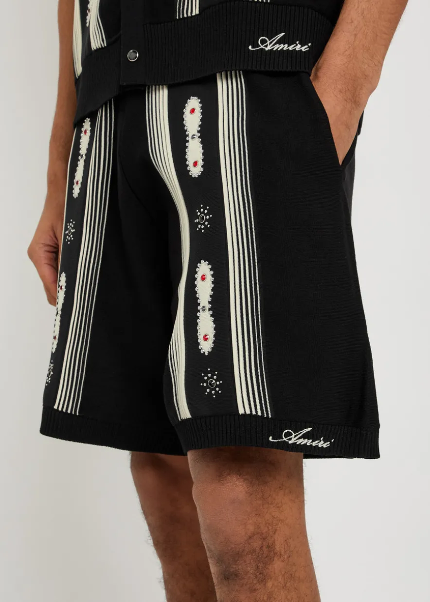 Striped embellished wool-blend shorts